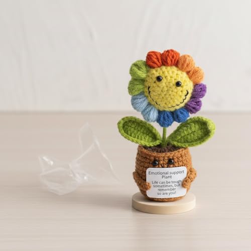 Handmade Crochet Sunflower Emotional Support Companion – 5.9" Plush with Wood Stand, Anxiety Relief Gift for Women