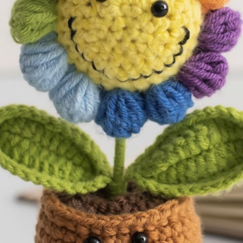 Handmade Crochet Sunflower Emotional Support Companion – 5.9" Plush with Wood Stand, Anxiety Relief Gift for Women