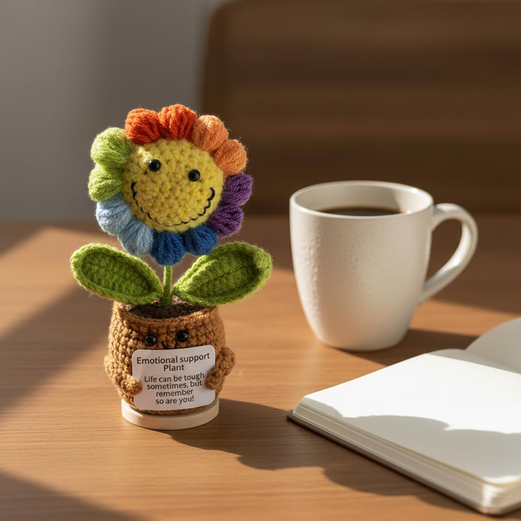 Handmade Crochet Sunflower Emotional Support Companion – 5.9" Plush with Wood Stand, Anxiety Relief Gift for Women