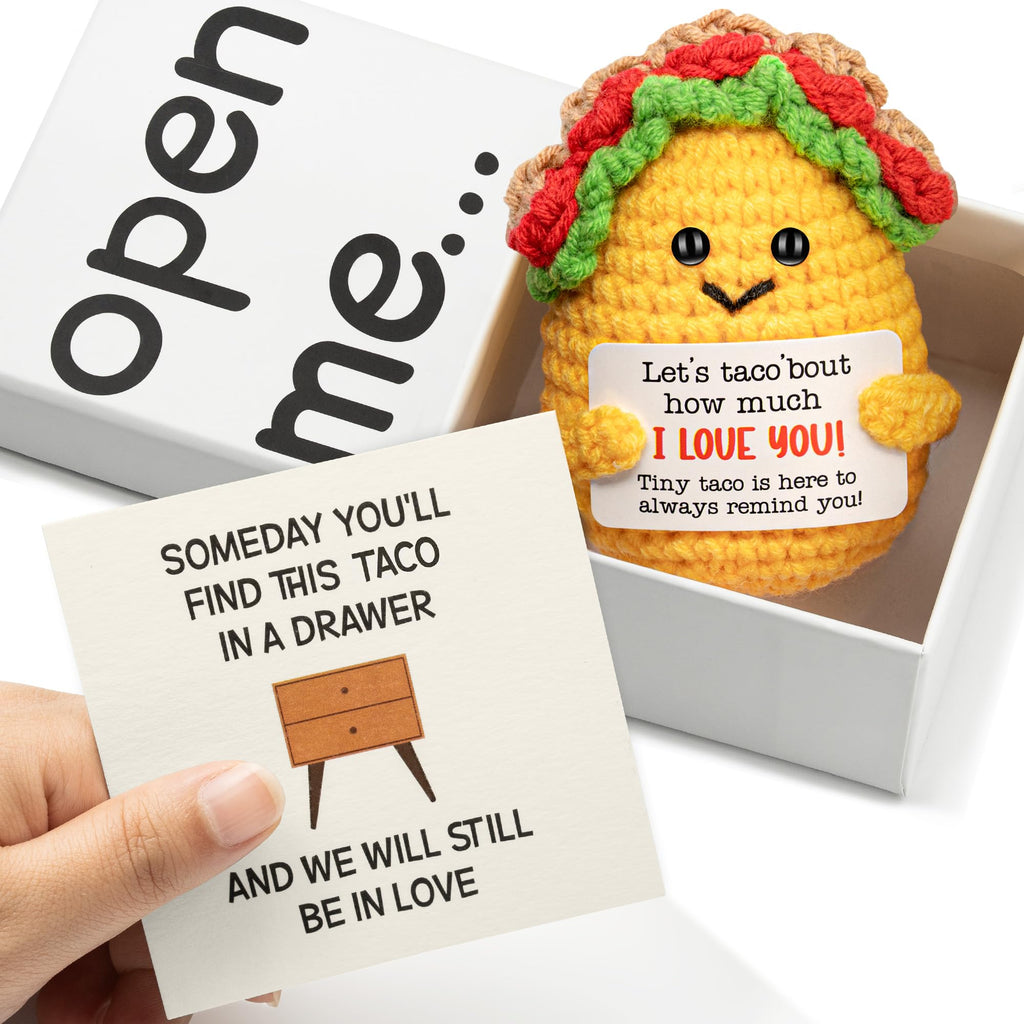 Handmade Crochet Taco Plush - Emotional Support Gift with 'Open Me' Surprise Box & I Love You Card