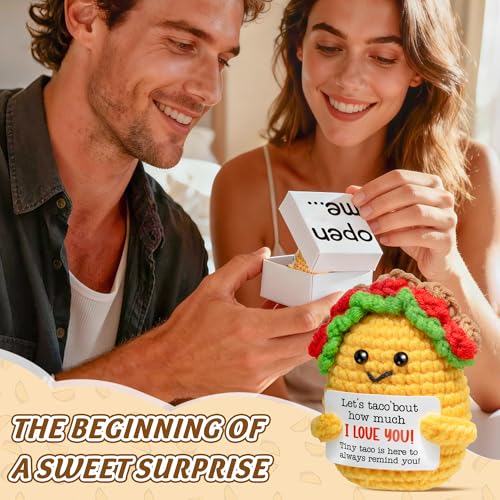 Handmade Crochet Taco Plush - Emotional Support Gift with 'Open Me' Surprise Box & I Love You Card