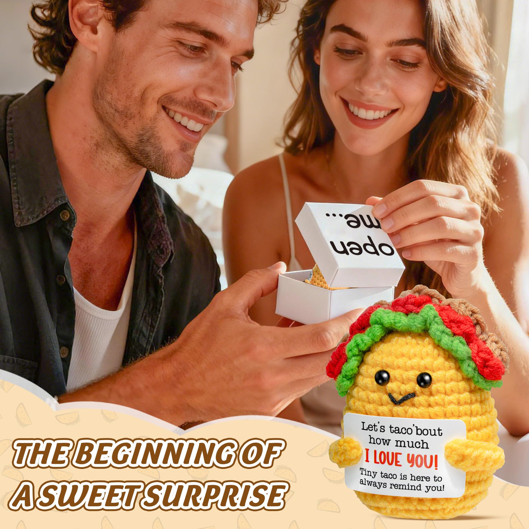 Handmade Crochet Taco Plush - Emotional Support Gift with 'Open Me' Surprise Box & I Love You Card