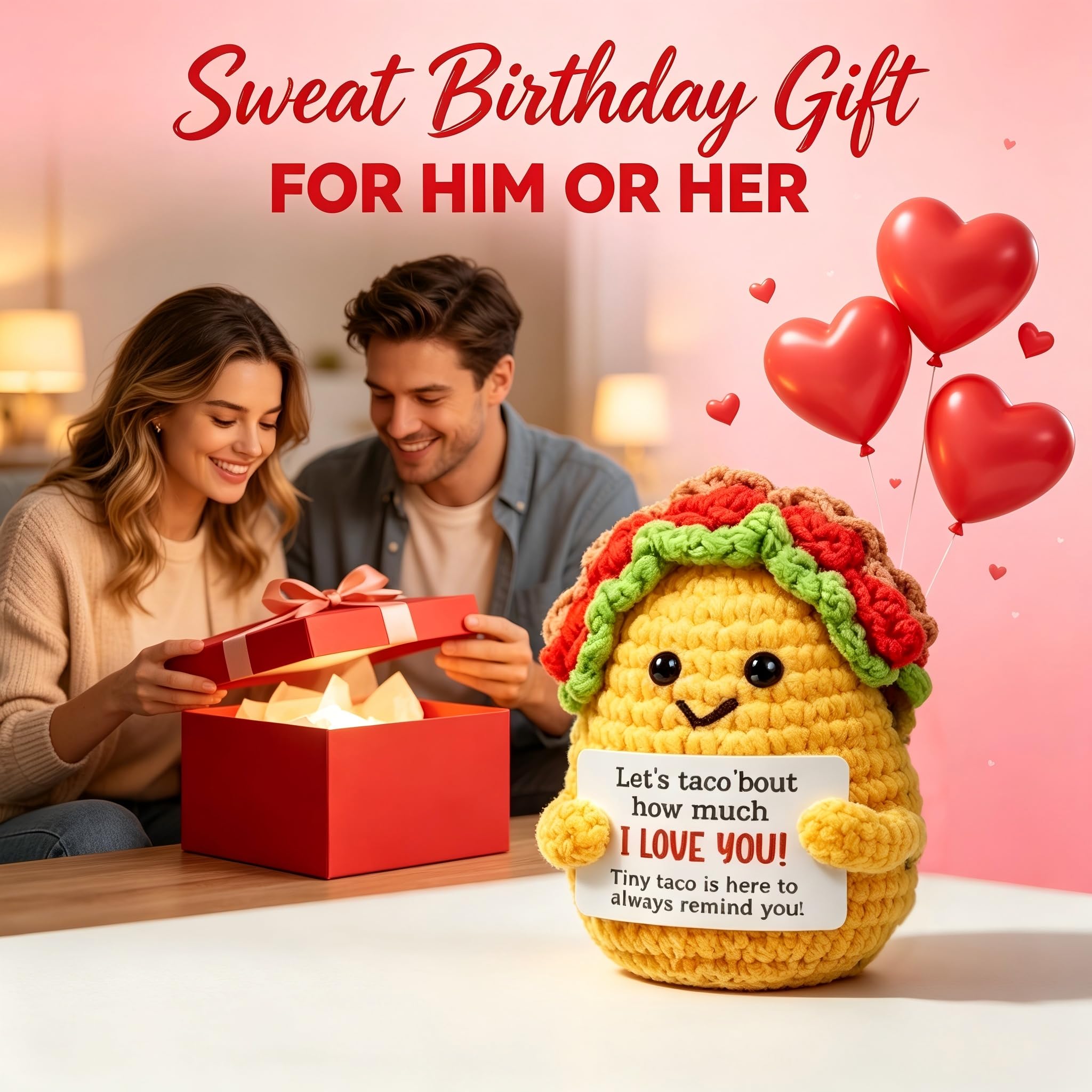 Handmade Crochet Taco Plush - Emotional Support Gift with 'Open Me' Surprise Box & I Love You Card