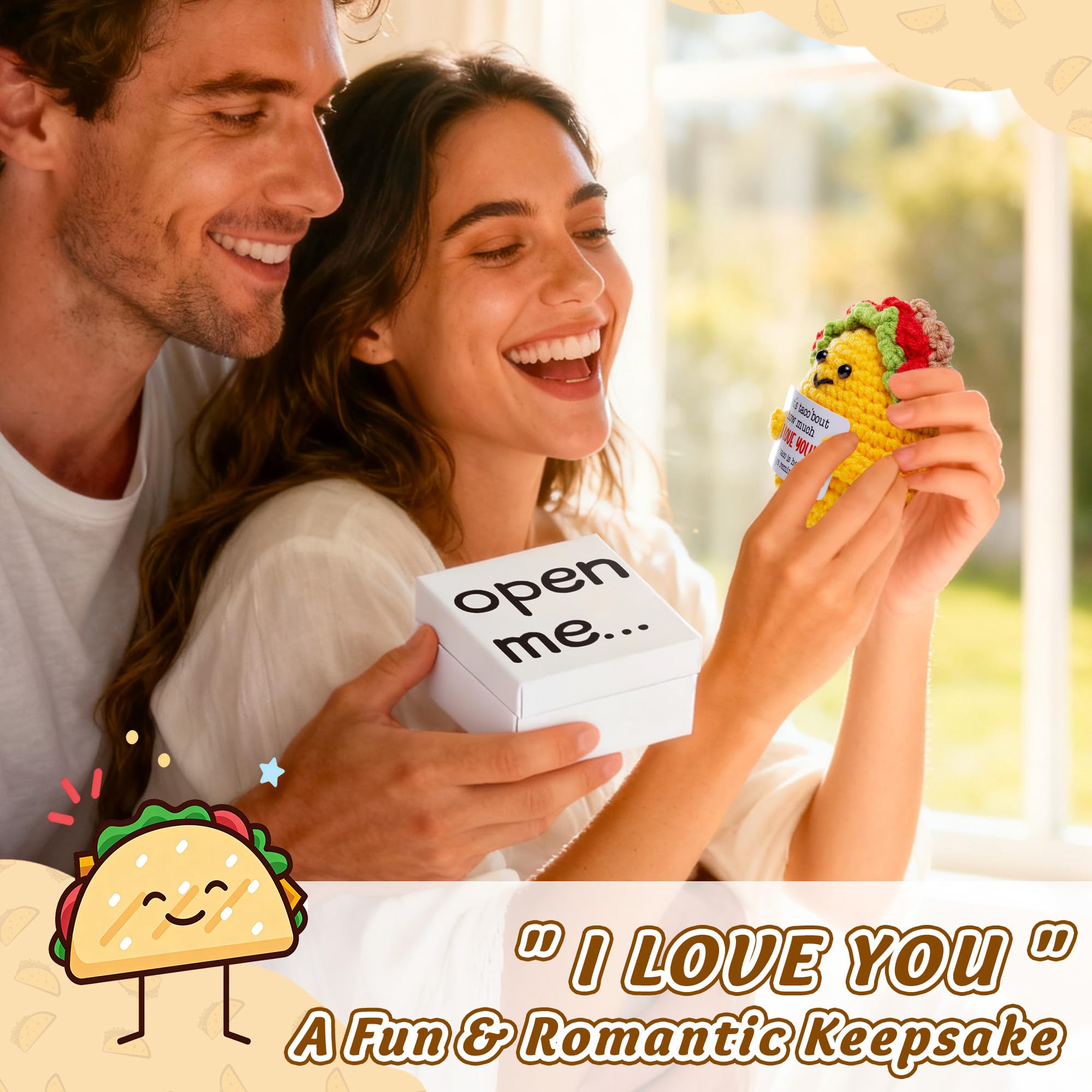 Handmade Crochet Taco Plush - Emotional Support Gift with 'Open Me' Surprise Box & I Love You Card
