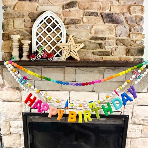 Handmade Rainbow Wool Felt Ball Garland with Happy Birthday Banner - 6.56 Ft, 60 Balls, Adjustable