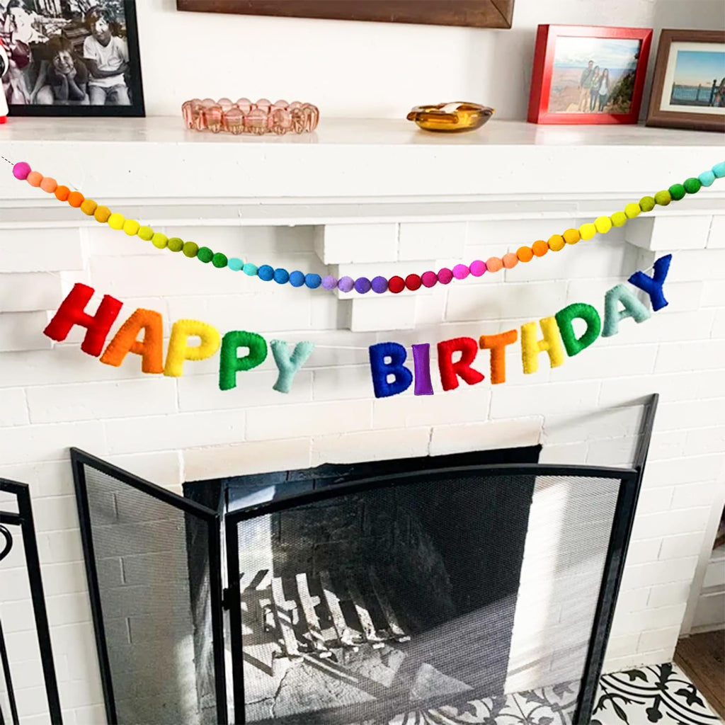 Handmade Rainbow Wool Felt Ball Garland with Happy Birthday Banner - 6.56 Ft, 60 Balls, Adjustable