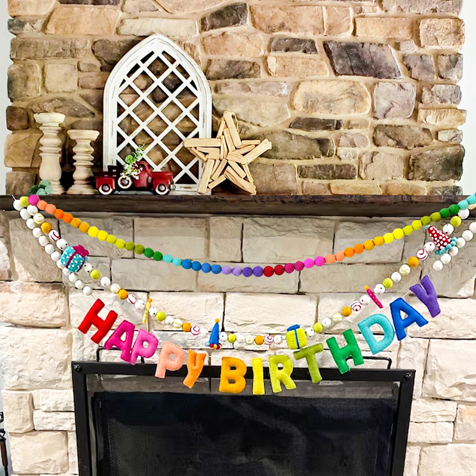 Handmade Rainbow Wool Felt Ball Garland with Happy Birthday Banner - 6.56 Ft, 60 Balls, Adjustable