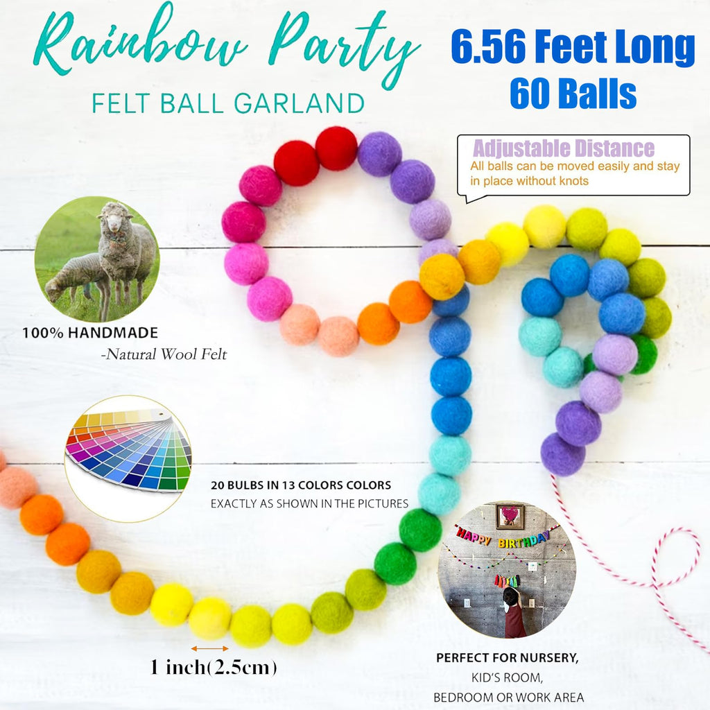 Handmade Rainbow Wool Felt Ball Garland with Happy Birthday Banner - 6.56 Ft, 60 Balls, Adjustable