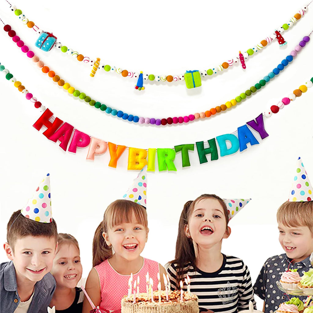 Handmade Rainbow Wool Felt Ball Garland with Happy Birthday Banner - 6.56 Ft, 60 Balls, Adjustable