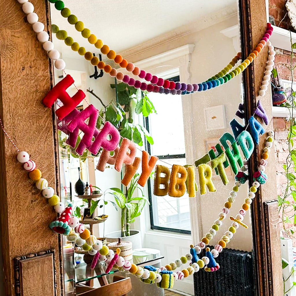 Handmade Rainbow Wool Felt Ball Garland with Happy Birthday Banner - 6.56 Ft, 60 Balls, Adjustable