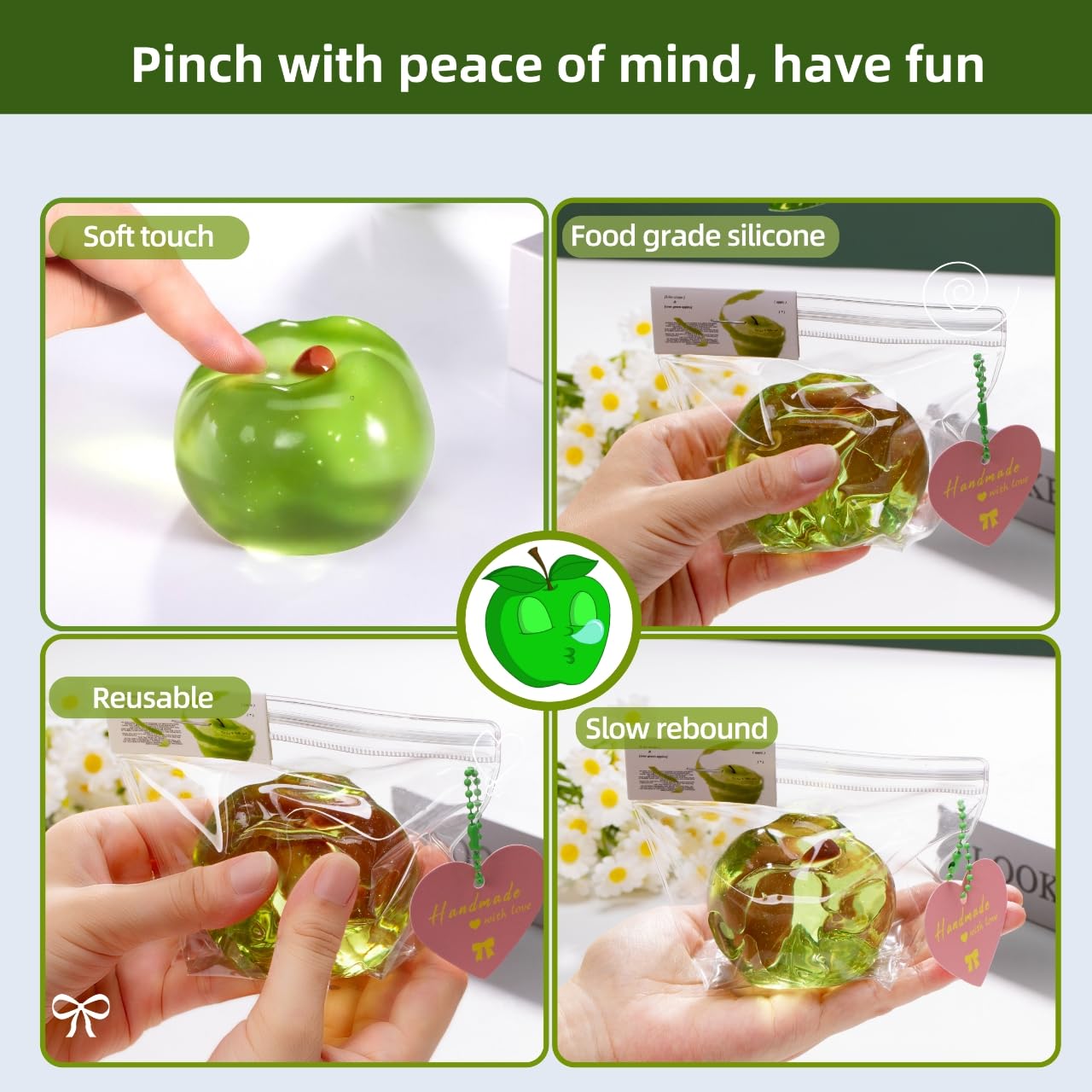 Handmade TABA Clear Apple Squishy – Jumbo Mochi Stress Relief Toy, Non-Toxic Silicone Fidget for Kids & Adults
