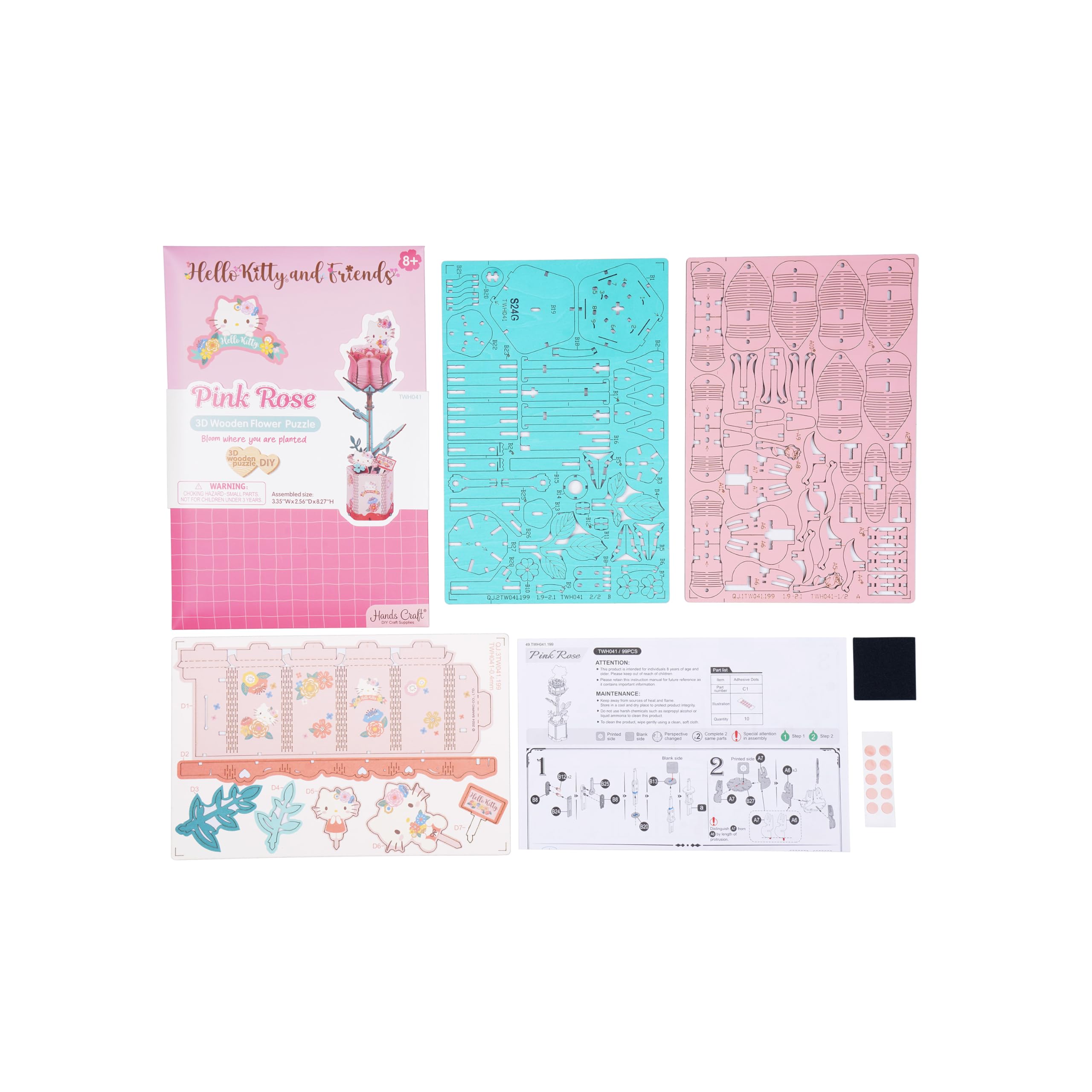Hands Craft Hello Kitty Pink Rose 3D Wooden Puzzle – DIY Flower Model for Adults & Kids