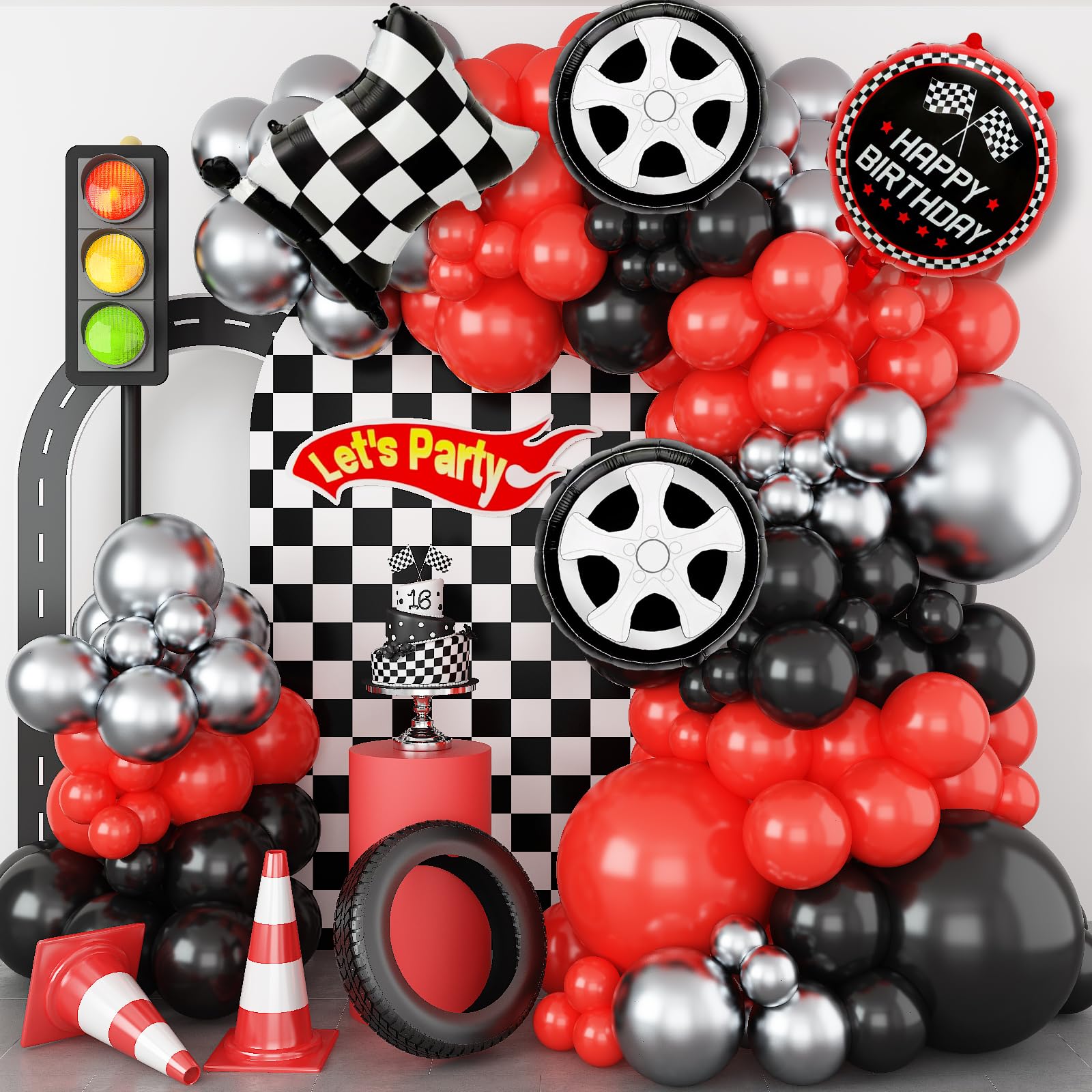 Haolongfa 103-Piece Race Car Balloon Arch Kit – Red, Black & Silver for Racing Birthday Party