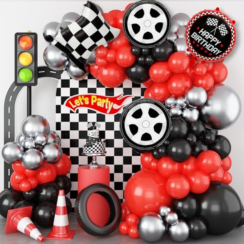 Haolongfa 103-Piece Race Car Balloon Arch Kit – Red, Black & Silver for Racing Birthday Party
