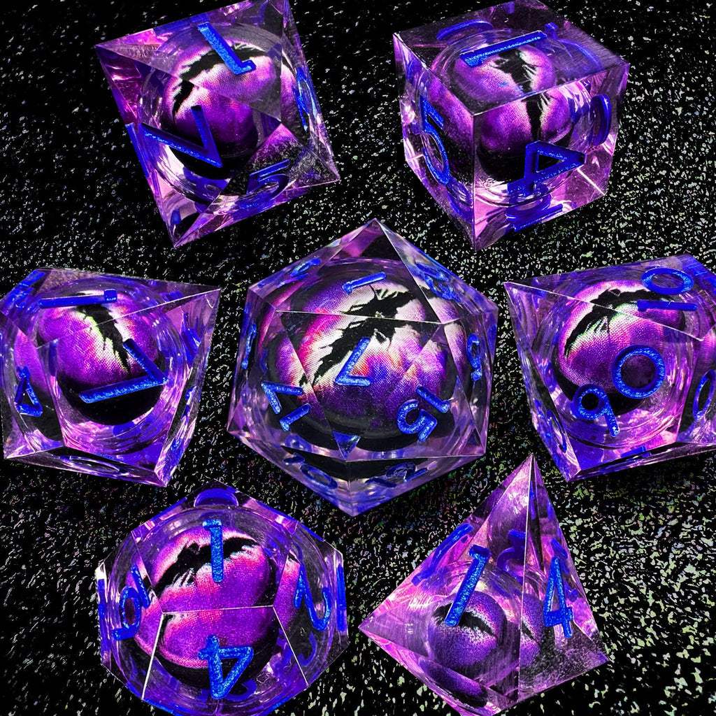 HAOMEJA Purple Eye Resin Sharp Edge Dice Set – 7 Polyhedral D&D Role Playing Dice with Bag