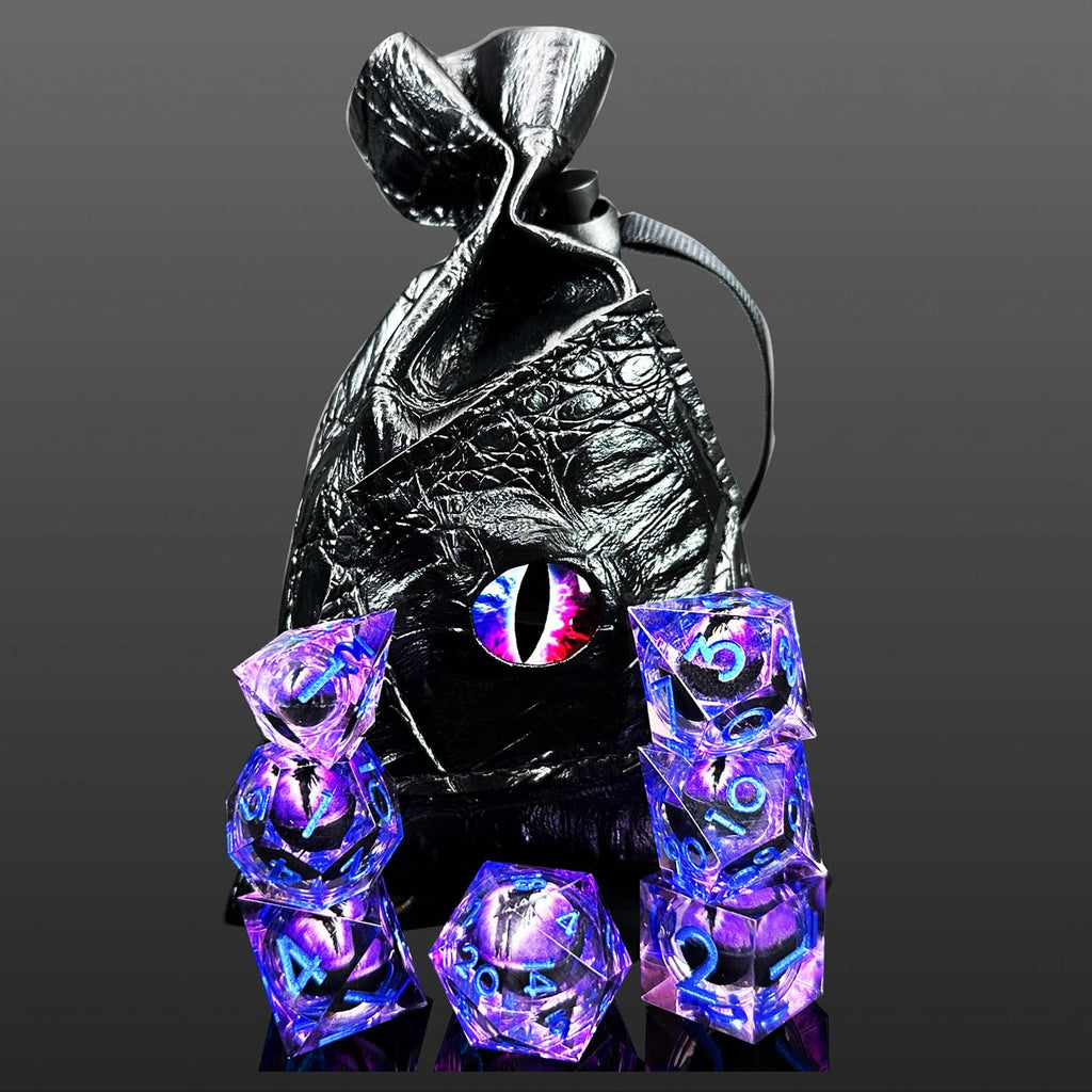 HAOMEJA Purple Eye Resin Sharp Edge Dice Set – 7 Polyhedral D&D Role Playing Dice with Bag