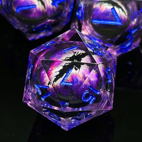 HAOMEJA Purple Eye Resin Sharp Edge Dice Set – 7 Polyhedral D&D Role Playing Dice with Bag