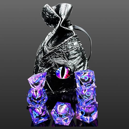 HAOMEJA Purple Eye Resin Sharp Edge Dice Set – 7 Polyhedral D&D Role Playing Dice with Bag