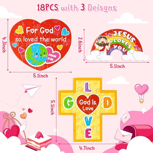 Haooryx 18-Pack Christian Valentine Jigsaw Puzzles - Jesus Loves You Cross Rainbow Heart - Religious Sunday School Activity