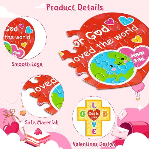 Haooryx 18-Pack Christian Valentine Jigsaw Puzzles - Jesus Loves You Cross Rainbow Heart - Religious Sunday School Activity