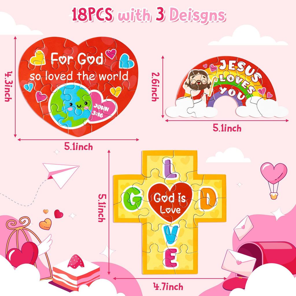 Haooryx 18-Pack Christian Valentine Jigsaw Puzzles - Jesus Loves You Cross Rainbow Heart - Religious Sunday School Activity