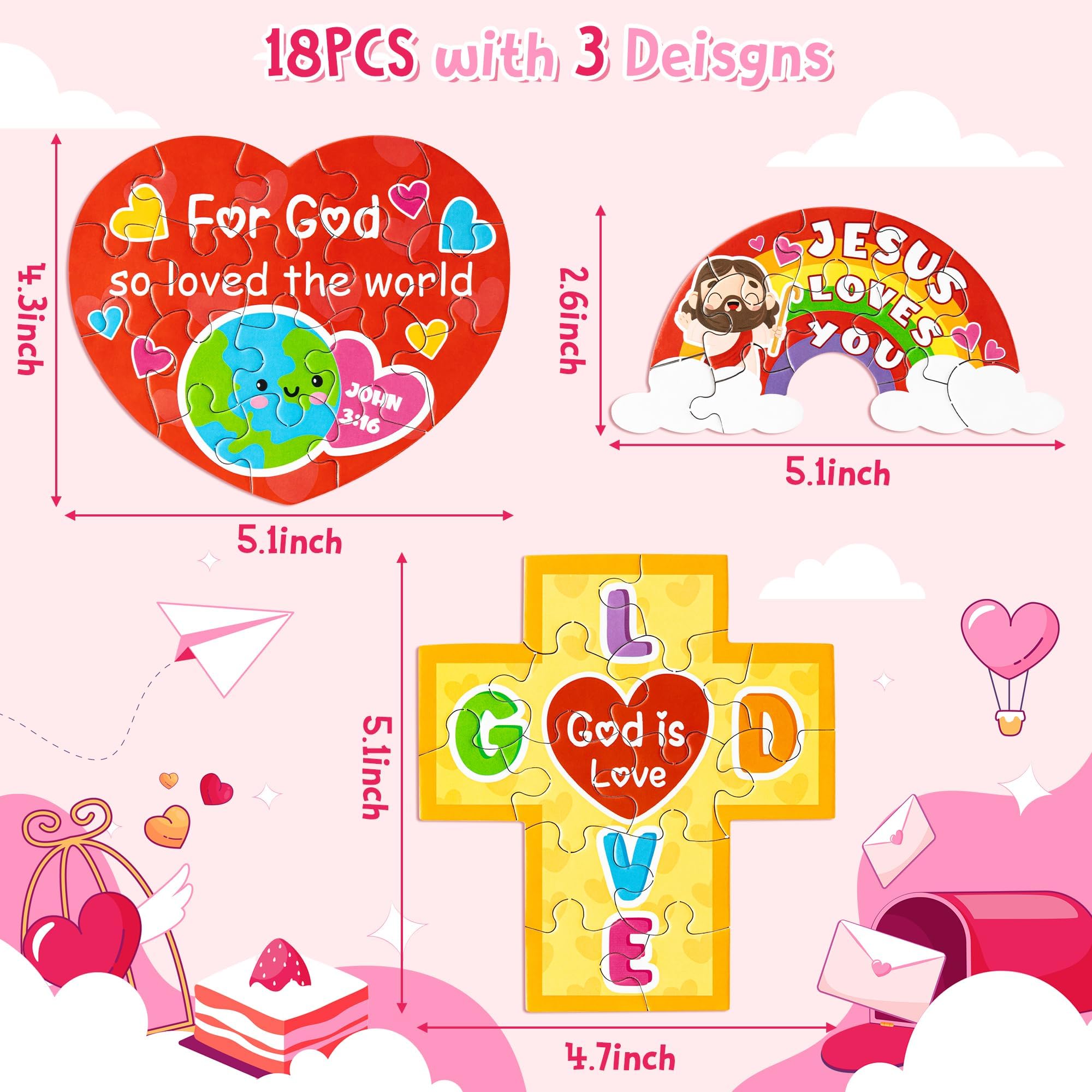Haooryx 18-Pack Christian Valentine Jigsaw Puzzles - Jesus Loves You Cross Rainbow Heart - Religious Sunday School Activity