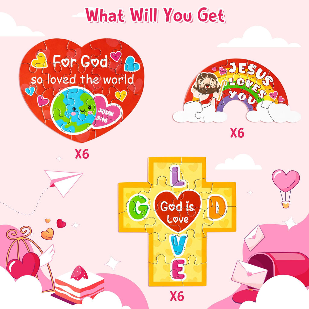 Haooryx 18-Pack Christian Valentine Jigsaw Puzzles - Jesus Loves You Cross Rainbow Heart - Religious Sunday School Activity