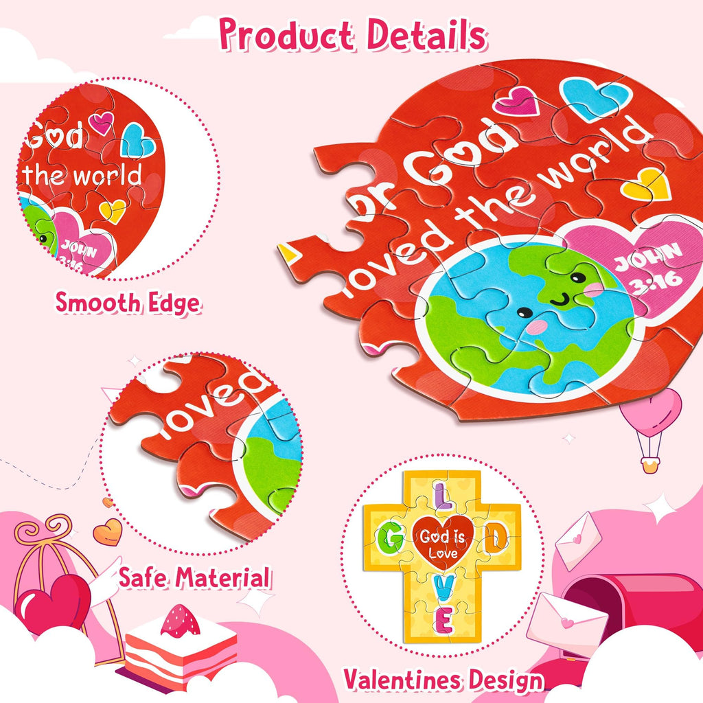 Haooryx 18-Pack Christian Valentine Jigsaw Puzzles - Jesus Loves You Cross Rainbow Heart - Religious Sunday School Activity