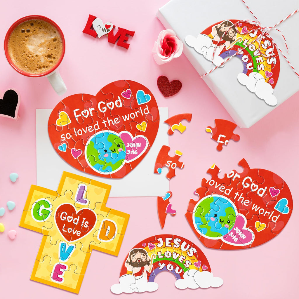 Haooryx 18-Pack Christian Valentine Jigsaw Puzzles - Jesus Loves You Cross Rainbow Heart - Religious Sunday School Activity