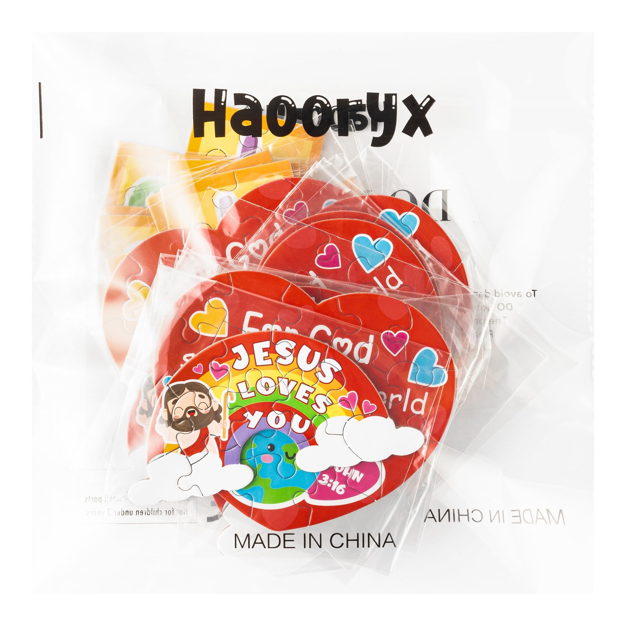 Haooryx 18-Pack Christian Valentine Jigsaw Puzzles - Jesus Loves You Cross Rainbow Heart - Religious Sunday School Activity