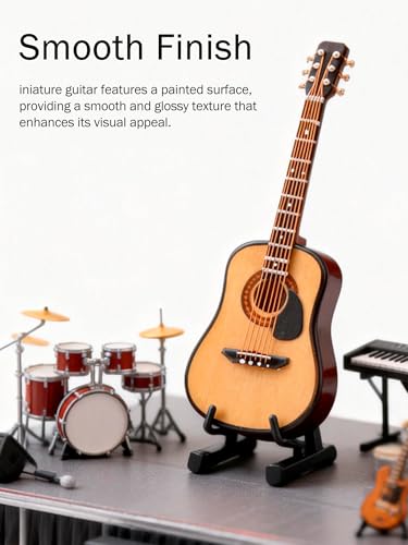 Haosie Miniature Wooden Guitar Model with Stand and Case - 3.95in Dollhouse Decor (10cm)