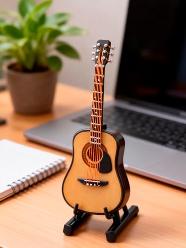 Haosie Miniature Wooden Guitar Model with Stand and Case - 3.95in Dollhouse Decor (10cm)