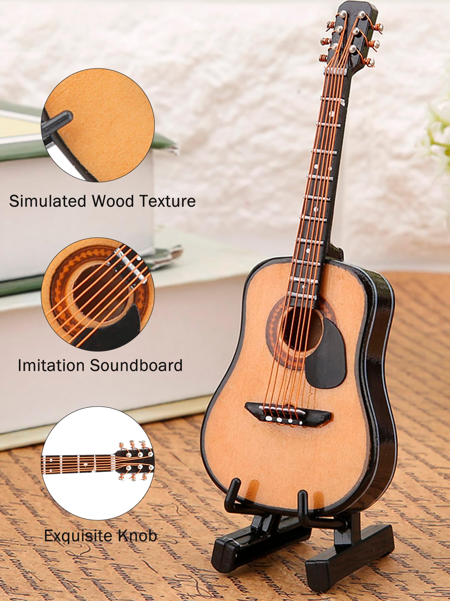 Haosie Miniature Wooden Guitar Model with Stand and Case - 3.95in Dollhouse Decor (10cm)