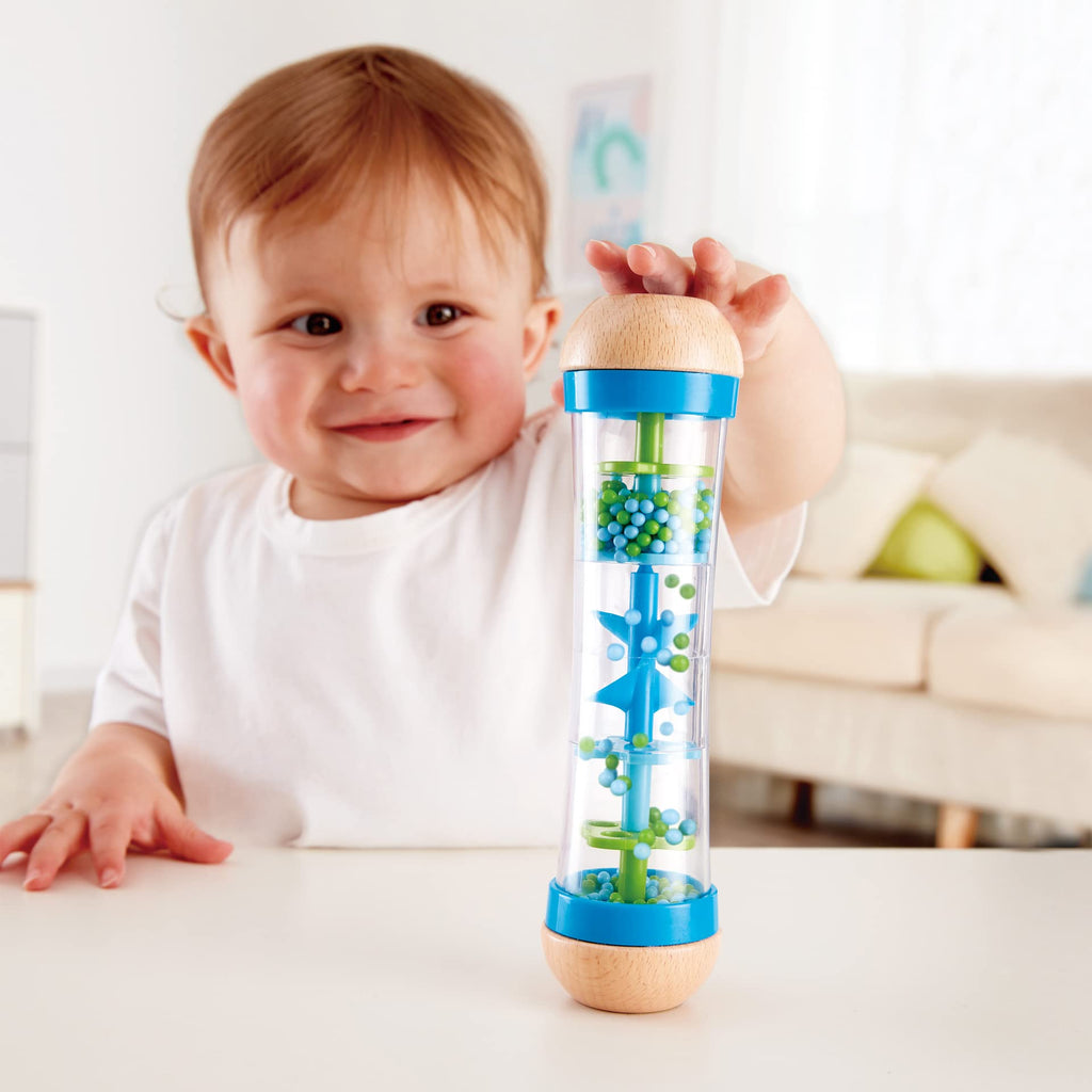 Hape Beaded Raindrops Wooden Rainmaker Toy – Blue, Model E0328B
