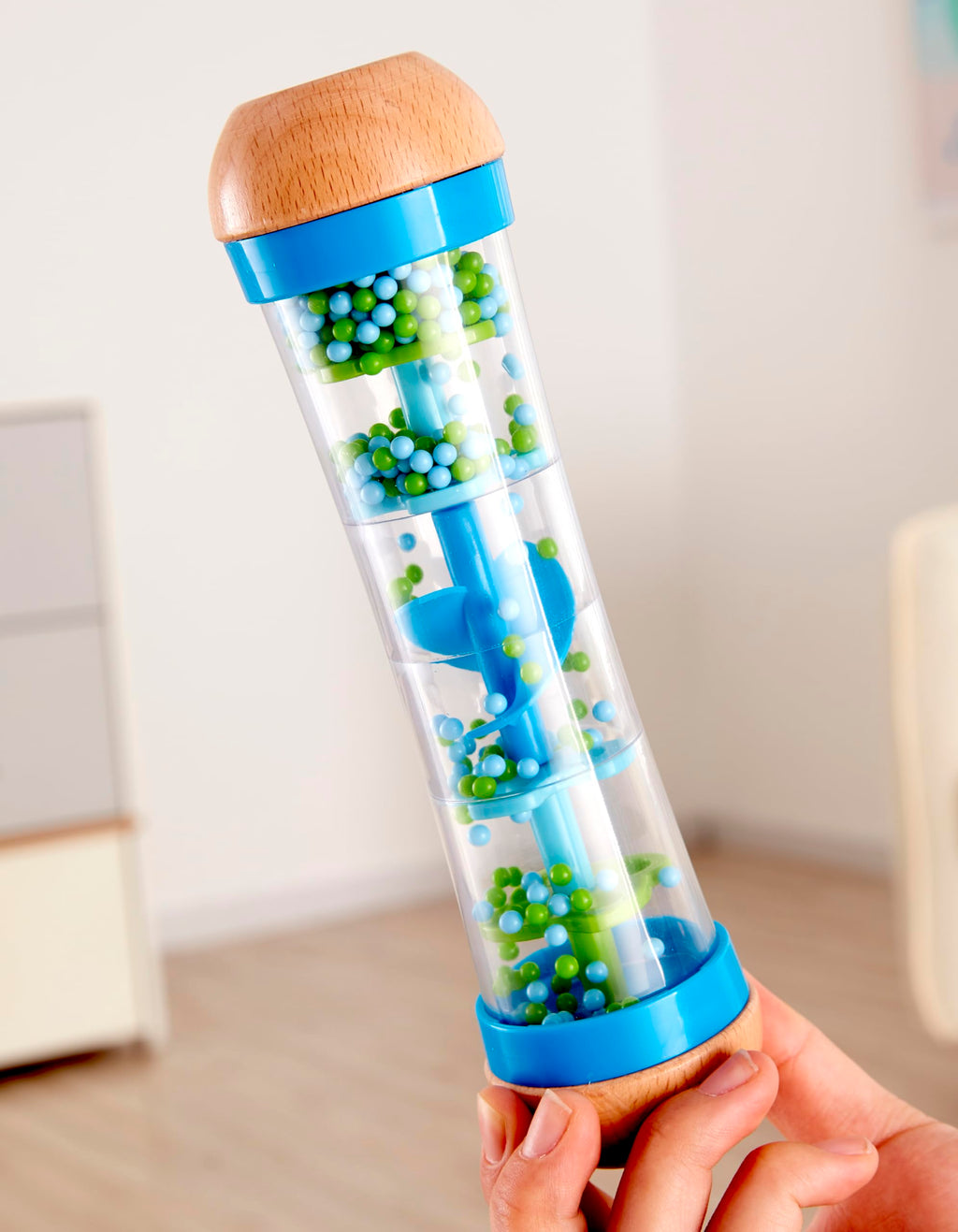 Hape Beaded Raindrops Wooden Rainmaker Toy – Blue, Model E0328B