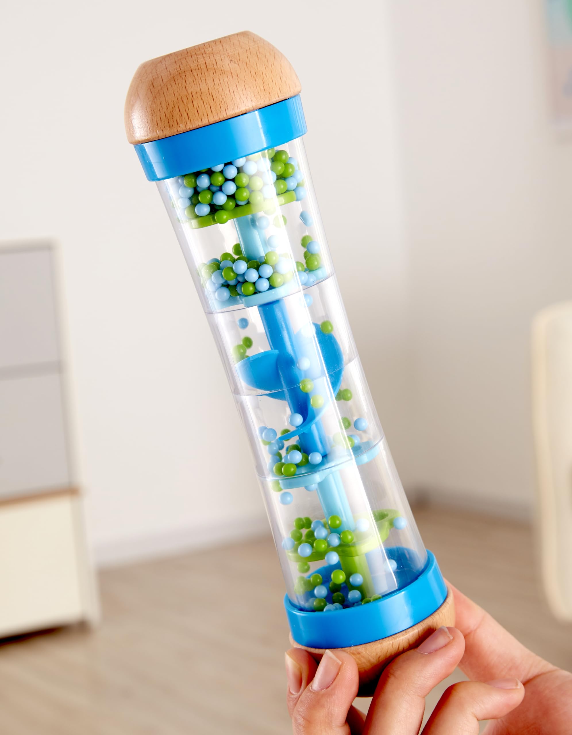 Hape Beaded Raindrops Wooden Rainmaker Toy – Blue, Model E0328B