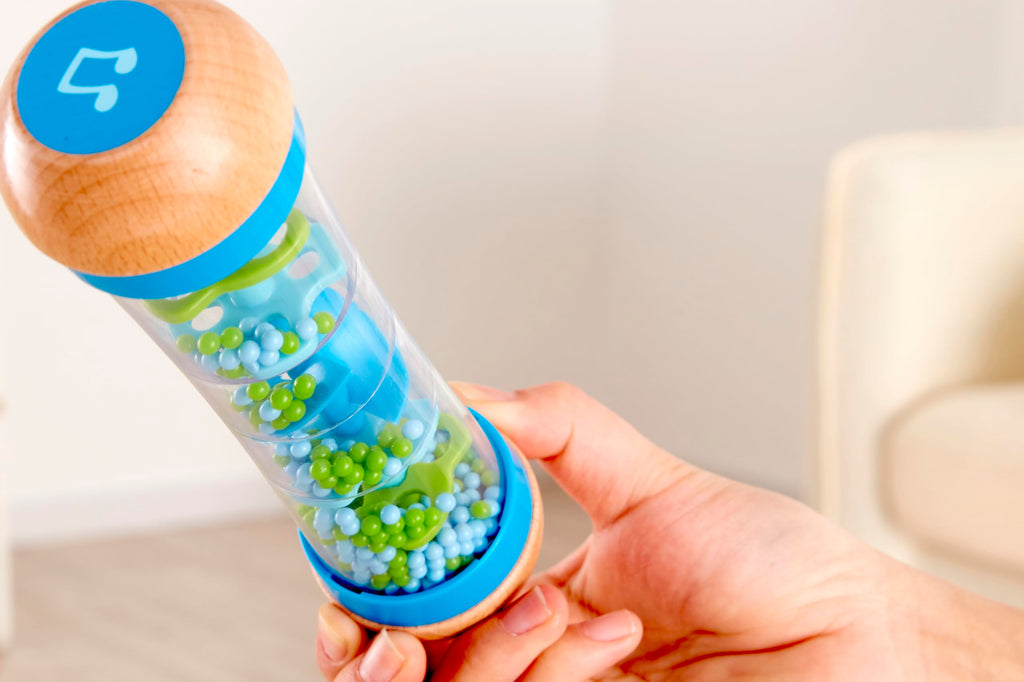 Hape Beaded Raindrops Wooden Rainmaker Toy – Blue, Model E0328B