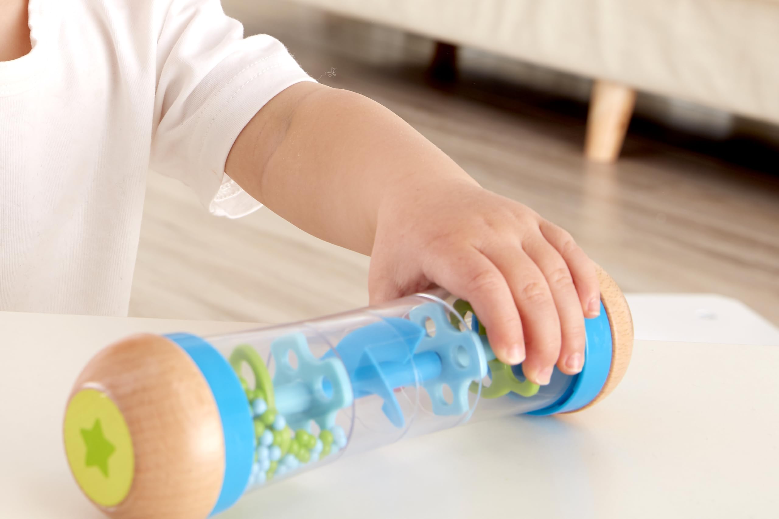 Hape Beaded Raindrops Wooden Rainmaker Toy – Blue, Model E0328B