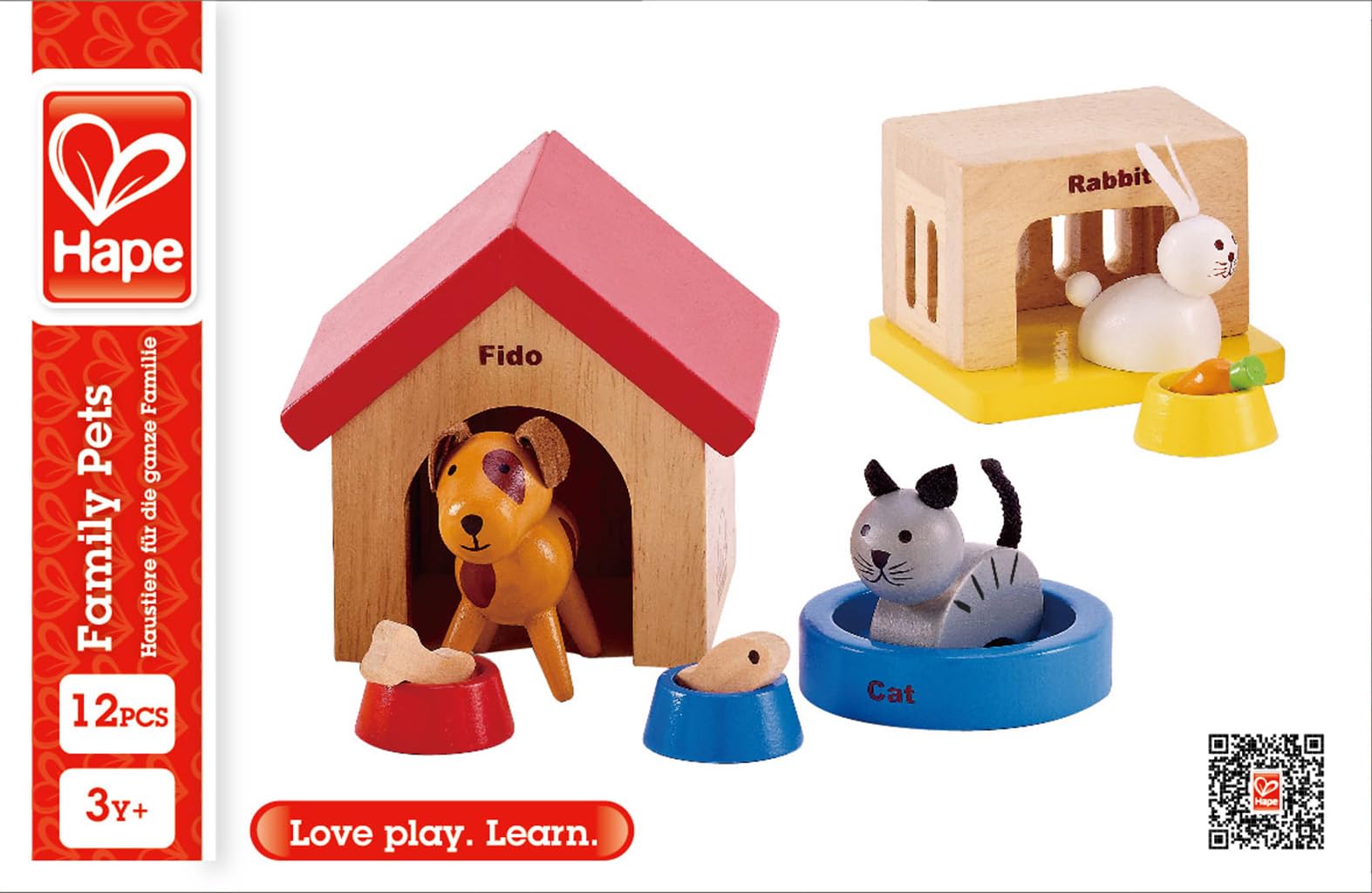 Hape Family Pets Wooden Dollhouse Animal Set – Puppy, Cat & Bunny with Accessories