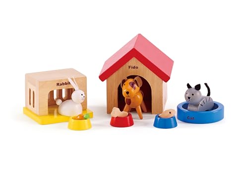 Hape Family Pets Wooden Dollhouse Animal Set – Puppy, Cat & Bunny with Accessories