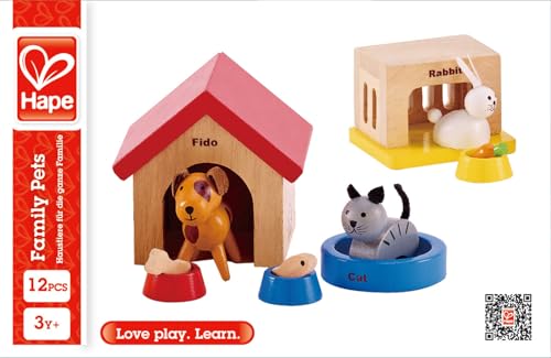 Hape Family Pets Wooden Dollhouse Animal Set – Puppy, Cat & Bunny with Accessories