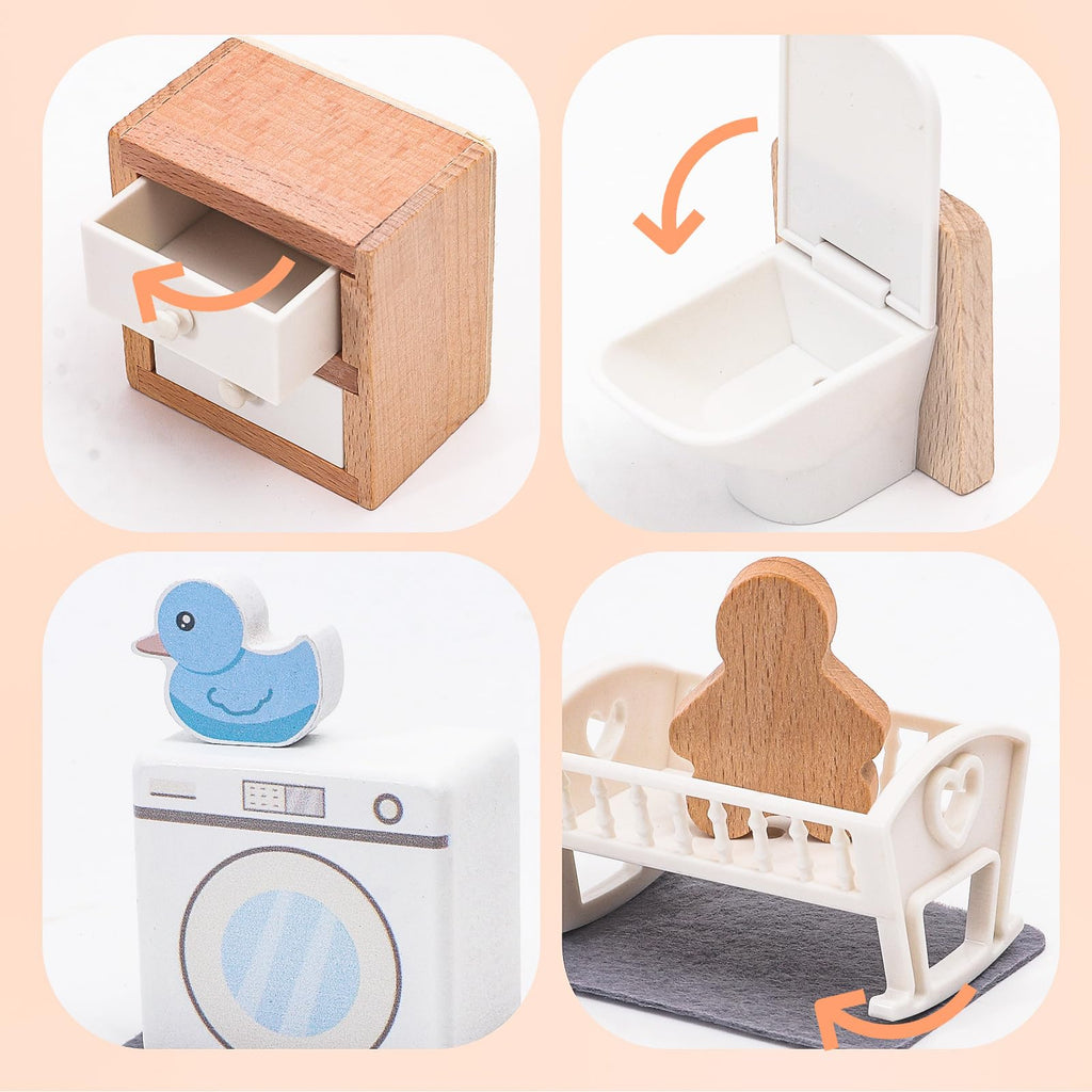 HAPGFS 16-Piece Wooden Dollhouse Furniture Set – Nursery & Bathroom 1:12 Scale, Safe for Kids 3+