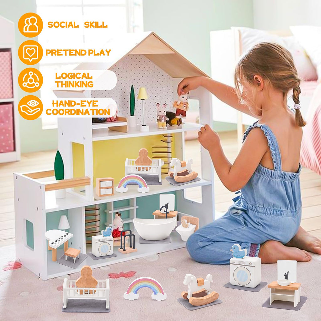 HAPGFS 16-Piece Wooden Dollhouse Furniture Set – Nursery & Bathroom 1:12 Scale, Safe for Kids 3+