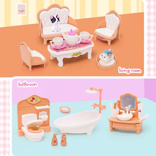 HAPGFS 45-Piece Mini Dollhouse Furniture Set for 5-6 Inch Dolls - Bedroom, Living Room, Bathroom & Kitchen Accessories with Moving Parts