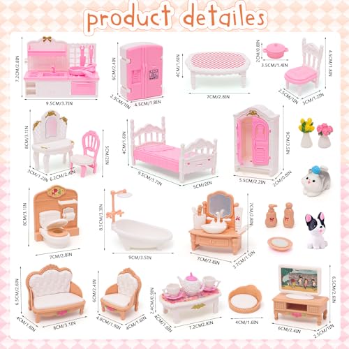 HAPGFS 45-Piece Mini Dollhouse Furniture Set for 5-6 Inch Dolls - Bedroom, Living Room, Bathroom & Kitchen Accessories with Moving Parts