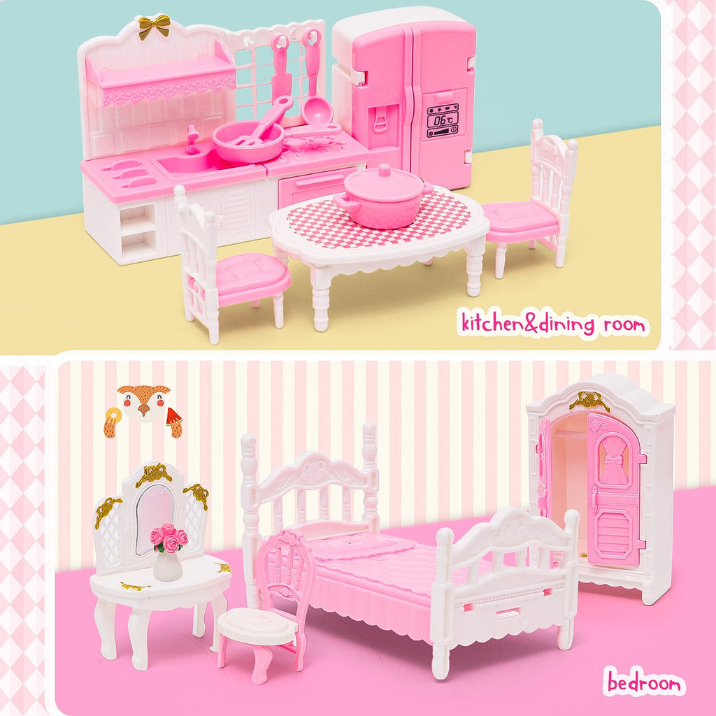 HAPGFS 45-Piece Mini Dollhouse Furniture Set for 5-6 Inch Dolls - Bedroom, Living Room, Bathroom & Kitchen Accessories with Moving Parts