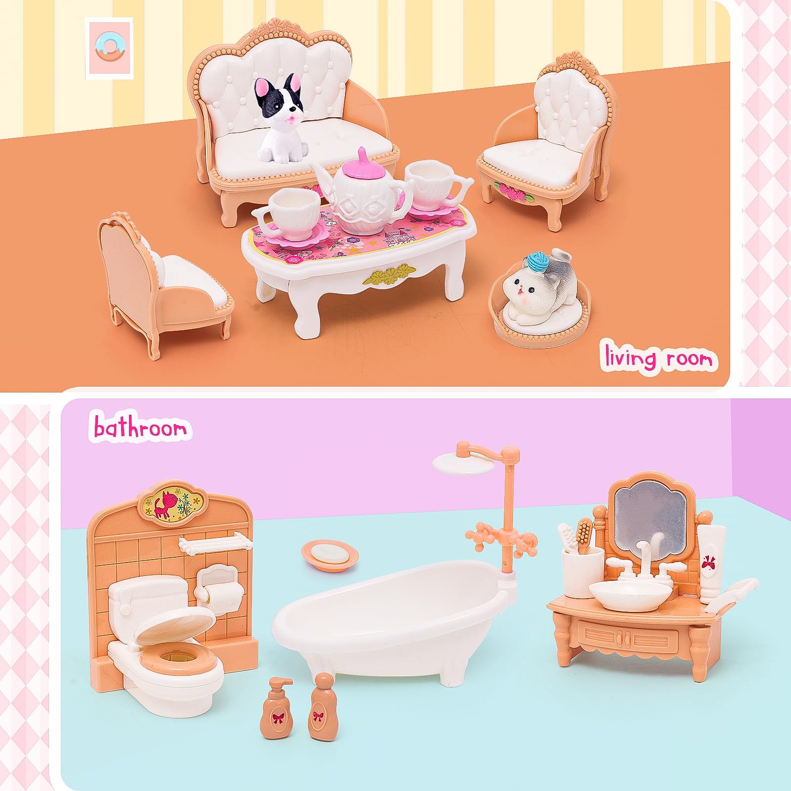 HAPGFS 45-Piece Mini Dollhouse Furniture Set for 5-6 Inch Dolls - Bedroom, Living Room, Bathroom & Kitchen Accessories with Moving Parts