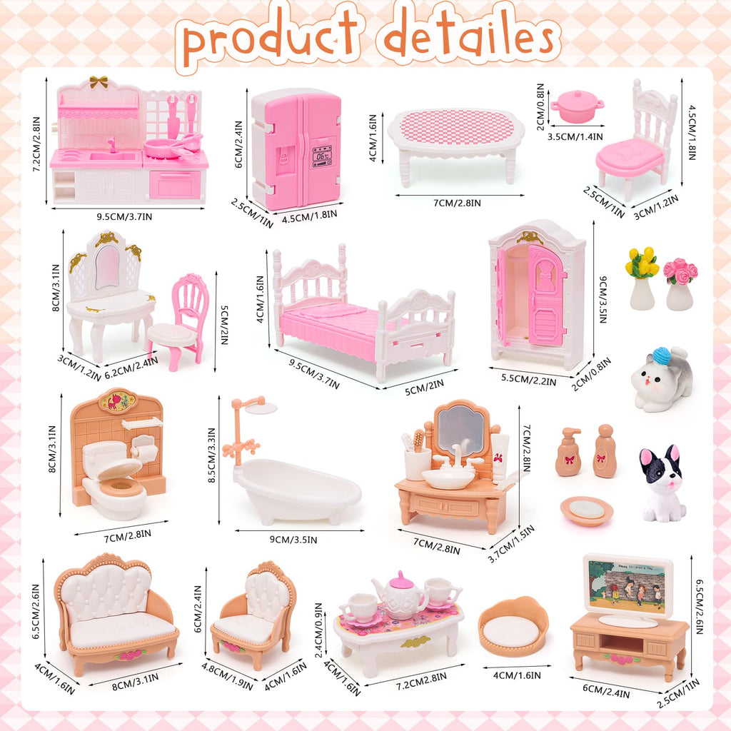 HAPGFS 45-Piece Mini Dollhouse Furniture Set for 5-6 Inch Dolls - Bedroom, Living Room, Bathroom & Kitchen Accessories with Moving Parts