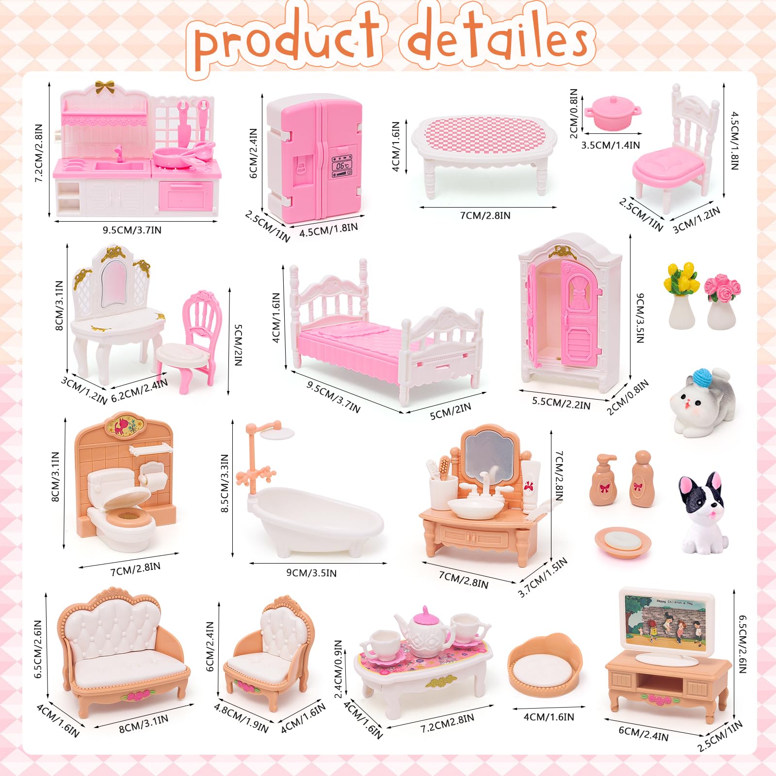 HAPGFS 45-Piece Mini Dollhouse Furniture Set for 5-6 Inch Dolls - Bedroom, Living Room, Bathroom & Kitchen Accessories with Moving Parts