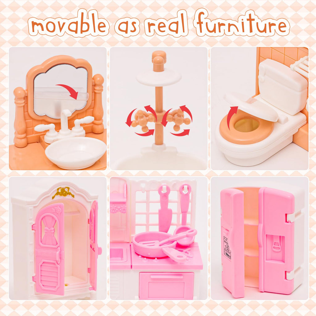 HAPGFS 45-Piece Mini Dollhouse Furniture Set for 5-6 Inch Dolls - Bedroom, Living Room, Bathroom & Kitchen Accessories with Moving Parts